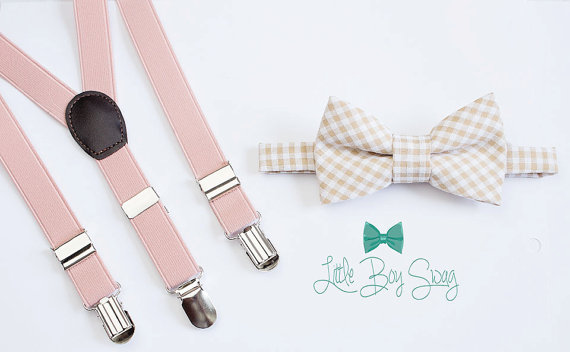 Wedding - Beige Checkered Bow Tie with Blush Suspenders..Kids Clothing..Bow tie and Suspenders Set..Boys wedding outfit..Ring Bearer Outfit