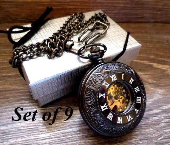 Mariage - Pocket Watch Set of 9 Black Roman Mechanical with Vest Chains Groomsmen Gift Grooms Corner Wedding Party Keepsake Gift