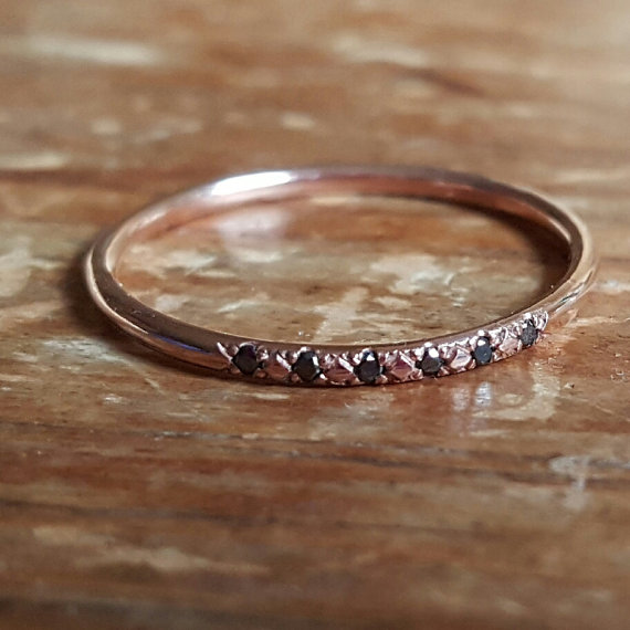 Hochzeit - 14K Rose Gold Ring Black Diamond Rings 14K Pink Gold Stacking Ring Woman's Ring Gifts for Her Thin Gold Wedding Band Diamond Engagement Ring