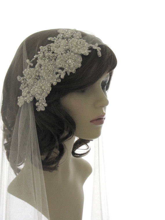 زفاف - Couture bridal cap veil -1920s wedding  veil - Dentelle Pearl Luxe