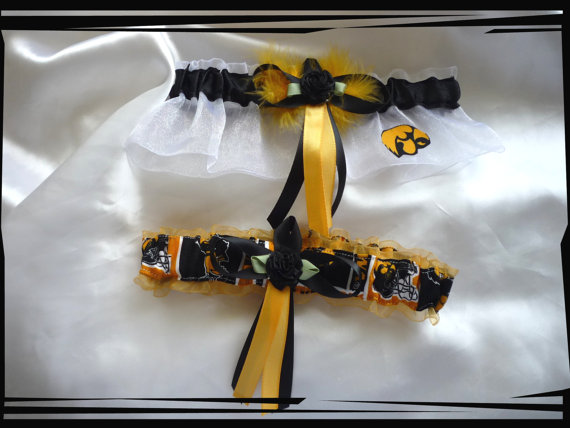 Mariage - White Organza Wedding Garter Set Made with Iowa Hawkeyes Fabric Combo YB~~SALE~~~
