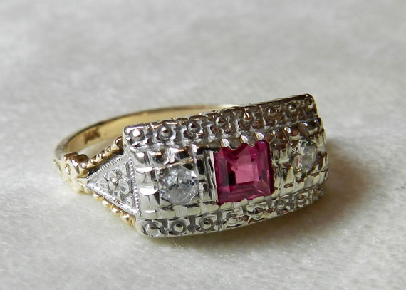 Hochzeit - Antique Engagement Ring 14K Diamond Pink Sapphire Ring Orange Blossom Antique Engagement Ring Alternative Engagement Ring