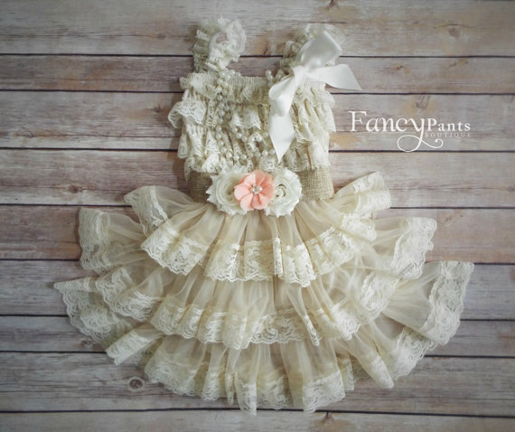 Hochzeit - Country Flower Girl Dress, Burlap and Peach , Lace Flower Girl Dress, Flower girl Dress, Rustic Flower Girl Dress, Lace Dress, Cowgirl dress