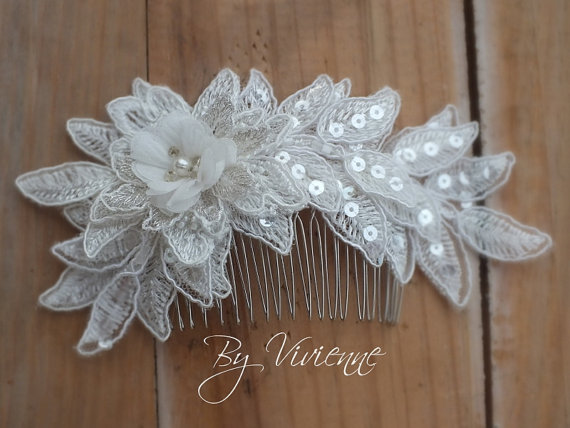 Wedding - FREE SHIP Ivory bridal lace hair comb - 3D bridal hair comb - bridal lace headpiece - bride hair comb - wedding hair comb -