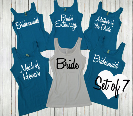 Wedding - 7 Jersey Fabric fitted Bridesmaid tank top. Wedding shirts. Bachelorette shirts. Bridesmaid tanks. Set of 7 bridesmaid tanks.