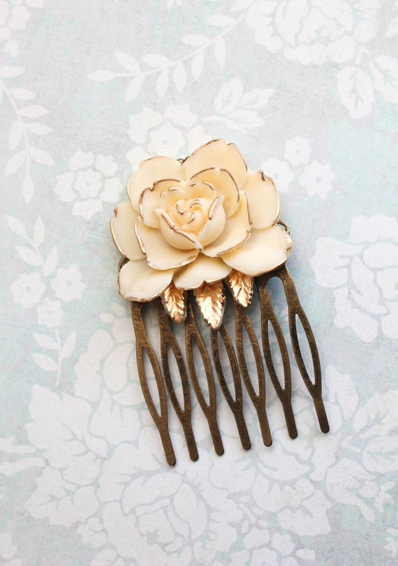 Hochzeit - Ivory Cream Rose Hair Comb Gold Petals Bridal Hair Comb Romantic Bridesmaids Gift Flower Hair Piece Vintage Style Country Chic Wedding