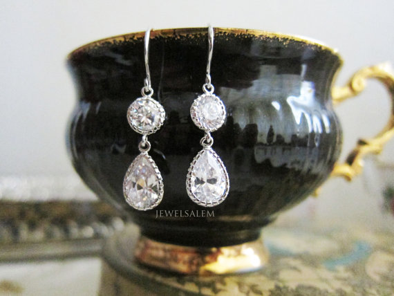 Hochzeit - Silver Wedding Earrings Rhinestone Clear Crystal Bridal Jewelry Drop Dangling Stone Sparkling Elegant for Bride Bridesmaids Earrings C1 JW