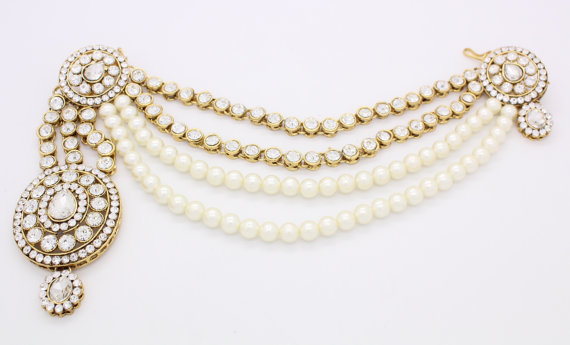 Свадьба - Stunning Elegant Gold Silver Kundan Stone Pearl Side Hanging Pasa Jhumar Tikka Bollywood Matha Patti Indian Headpiece Hair Head Chain Bridal