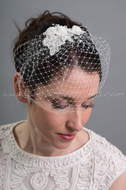 Wedding - Bridal Veil Set, Ivory Mini Birdcage Veil with Ivory Lace Head Piece, Wedding Veil and Birdcage Fascinator