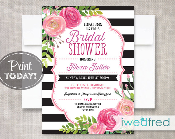 Wedding - INSTANT DOWNLOAD - Black Pink Bouquet - DIY Printable Bridal Shower Invitation
