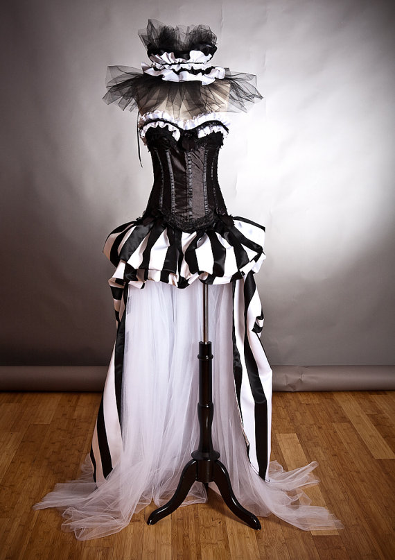 Hochzeit - Private listing for Tracey Black and White striped satin and tulle Circus Burlesque corset prom dress with VEIL gloves and halter straps