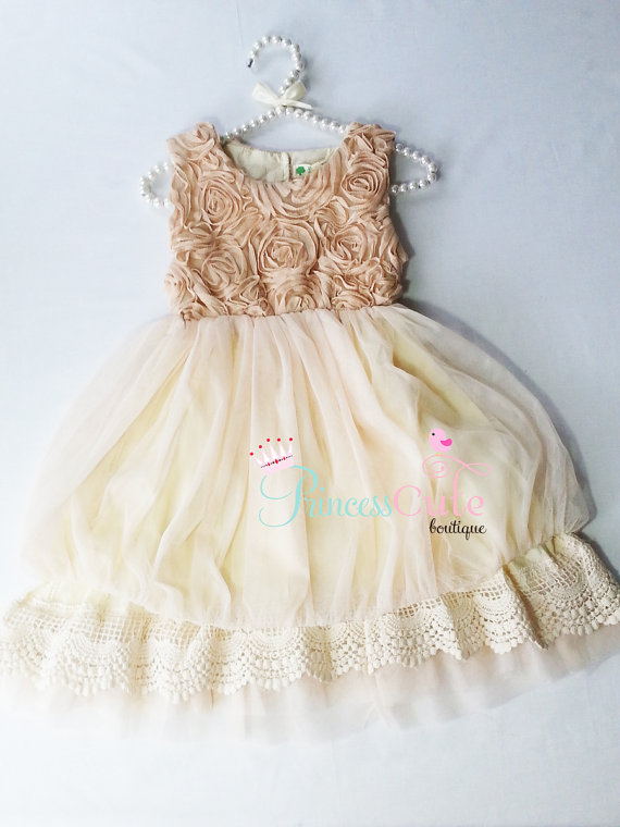 Hochzeit - Champagne and Ivory Flower Girl Dress with Lovely Rosette Bodice and Chiffon and Lace Skirt