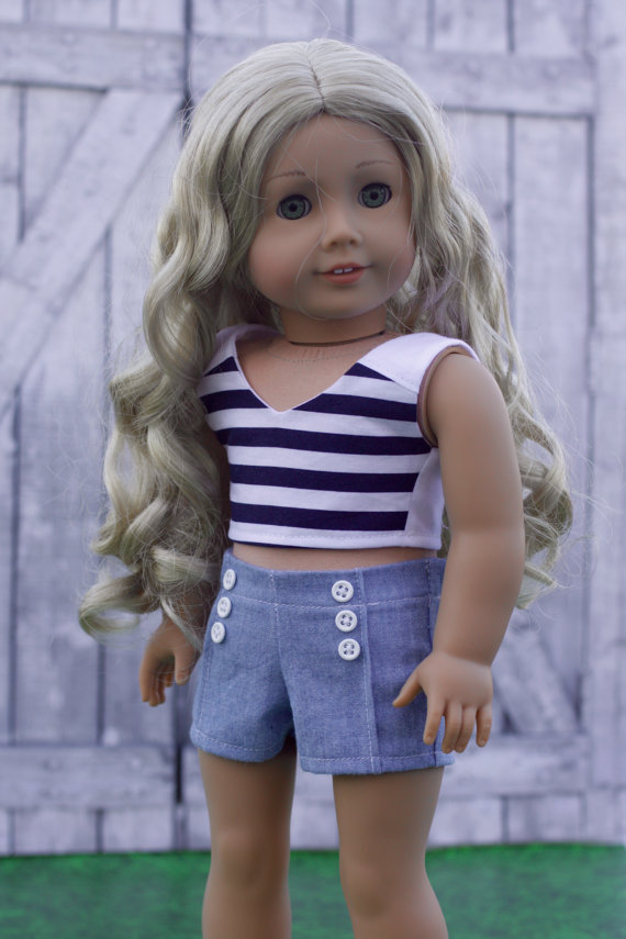 زفاف - Girl Doll Clothes / American Made Trendy Navy Blue White Stripe Woven V-Neck CROP TOP for 18 Inch American Girl Doll
