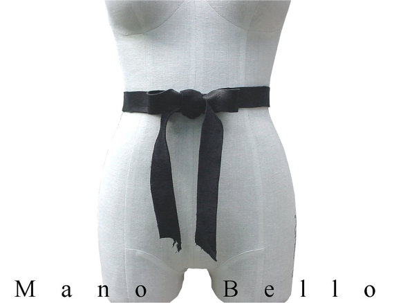 Mariage - Soft Leather Bow Belt,  Black Leather Ribbon Tie on  Belt , Wedding Dress Sash, Xsmall small  medium large, custom made