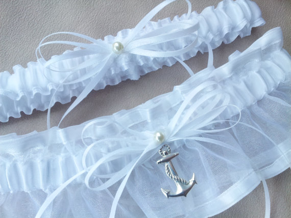 Hochzeit - Beach Wedding Garter Anchor Garter Set White Sheer Organza White Stain Wedding Bridal