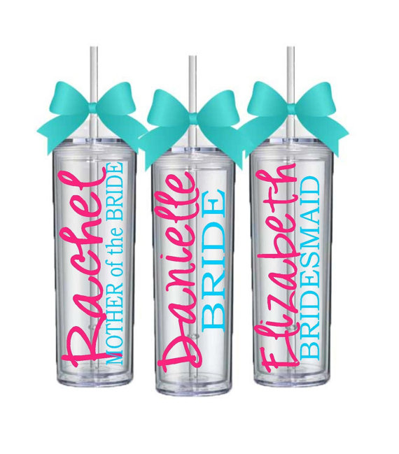 Hochzeit - 9 Skinny Personalized Bridesmaid Tumblers - Wedding Party Acrylic Tall Tumblers - SET of NINE