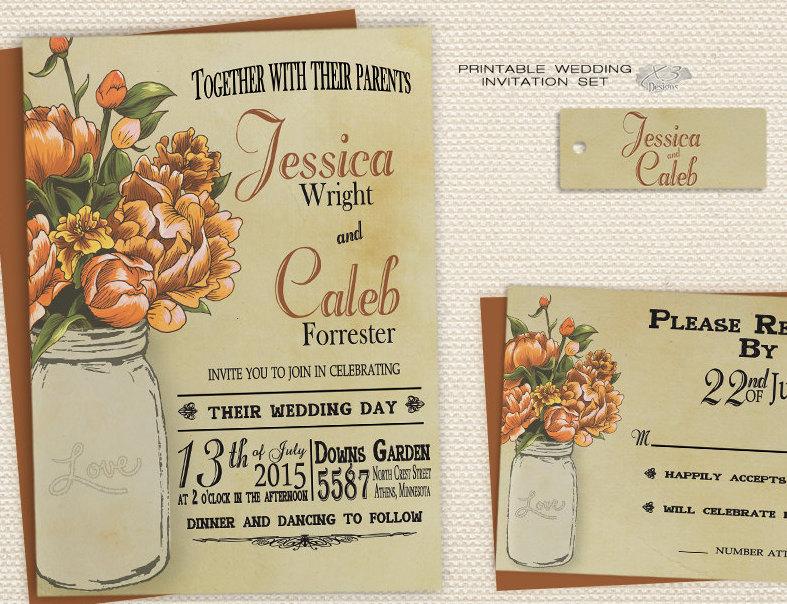 Свадьба - Rustic  Mason Jar Wedding Invitation, Rustic Fall Wedding Invitation, Printable Wedding Invitation / Invite