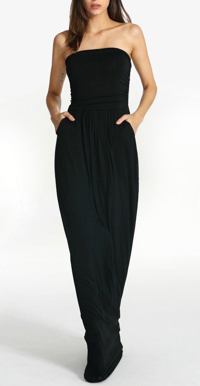 Hochzeit - Black Strapless Pockets Maxi Dress -SheIn(Sheinside)