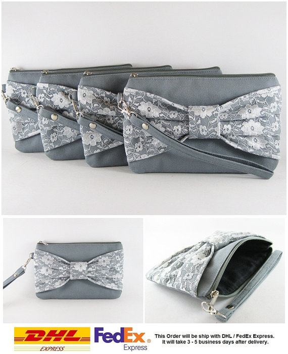 زفاف - Bridesmaid-Wedding Clutch - Gray Lace Bow Clutch - Set of 6