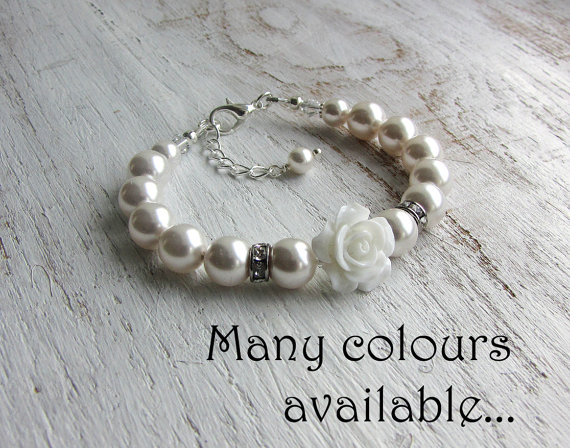 Mariage - Flower Girl Bracelet - Rose & Swarovski Pearls Toddler Child Bridesmaid Dainty Keepsake Jewelry - Choice of Colors