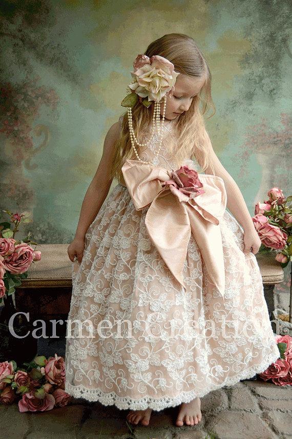 Wedding - Venetian Flower Girl Dress with plum bow/sash and Ivory flower