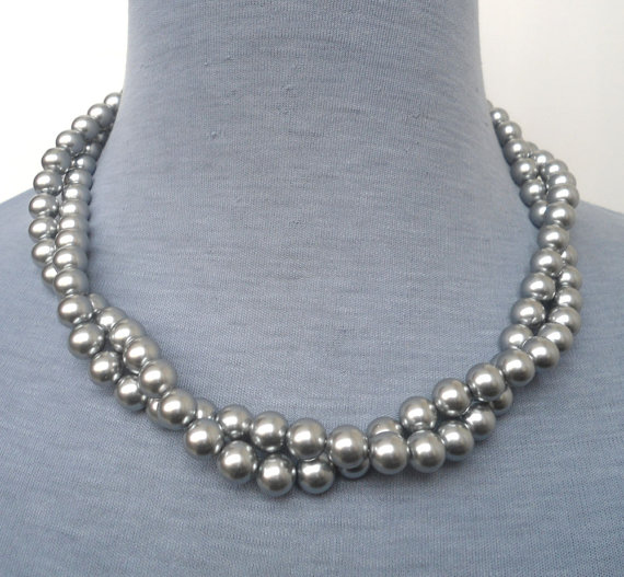 زفاف - gray Pearl Necklace,Two strands pearl necklace,18 Inches Pearl Necklace, Glass  Pearl Necklace,Bridesmaid necklace,Wedding Jewelry,Jewelry