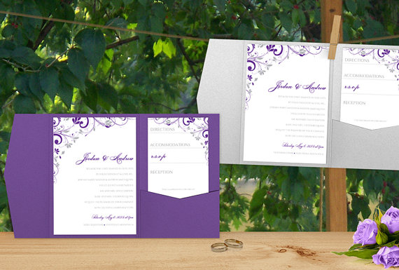 Mariage - Pocket Wedding Invitation Printable Set - Instant DOWNLOAD - EDITABLE TEXT - Chic Bouquet (Violet & Silver)  - Microsoft® Word Format