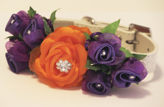 زفاف - Orange Purple Floral dog collar, pet wedding accessory, Floral Dog collar,  Purple Orange wedding idea