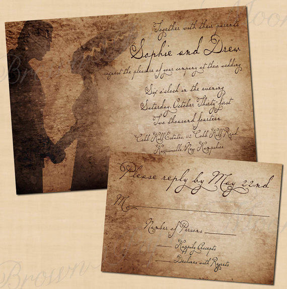 Свадьба - Premium Frankenstein's Bride Antique Printable Halloween Wedding Invitation and RSVP Package