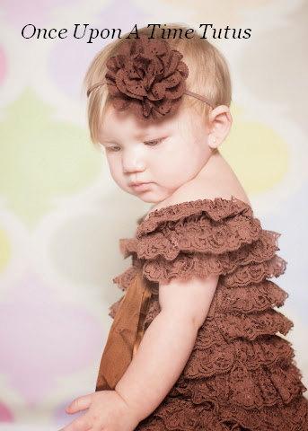 Hochzeit - Brown Eyelet Fabric Flower Headband - Newborn Baby Casual Dressy Hairbow - Little Girls Thanksgiving Autumn Fall Shade Color Hair Bow