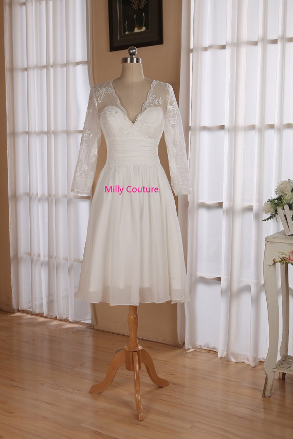 Hochzeit - Lace short wedding dress with 3/4 sleeves, knee length wedding dress, Vintage short wedding dress,  low back wedding dress