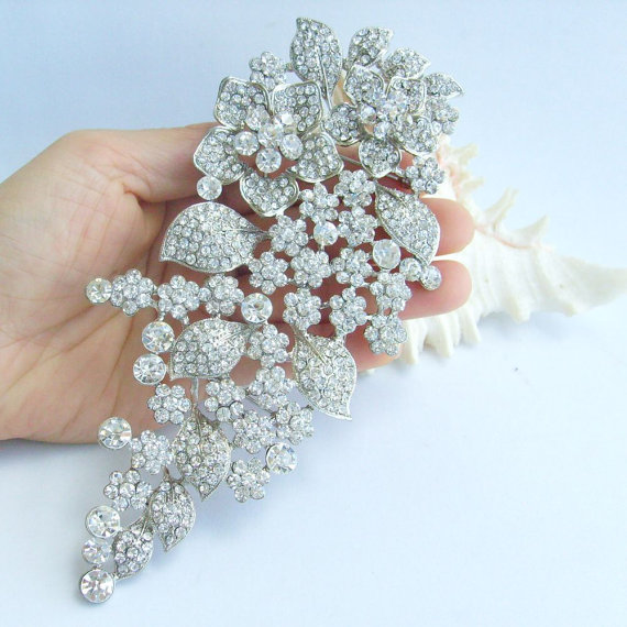 Mariage - Wedding Accessories 6.3 Inch Silver-tone Rhinestone Crystal Bridal Brooch Wedding Decorations Flower Wedding Brooch Bridal Jewelry BP03773C1