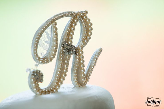 Mariage - custom monogram wedding  pearl cake toppers with lace, pearls  brooch wedding cake topper unique  wedding keepsakes wedding idea cake topper