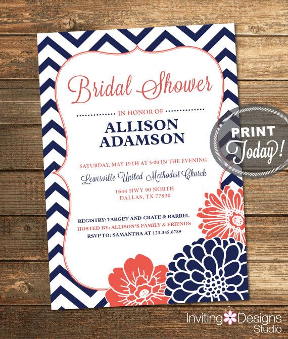 Hochzeit - Bridal Shower Invitation, Wedding, Chevron, Floral, Coral, Navy, Blue, Navy Blue, Vertical, Printable (Custom Order, INSTANT DOWNLOAD)
