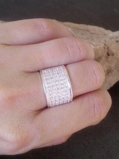زفاف - SALE! Wide ring,sterling silver ring,swarovski crystals ring,sparkling ring, engagement ring,bridal ring,crystals ring, clear quartz ring,