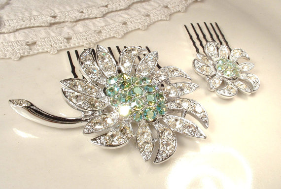 Wedding - PAIR Mint Green & Clear Rhinestone Bridal Hair Combs, Silver Vintage Flower Brooch OOAK HeadPiece Bridesmaid Jewelry Gift Wedding Accessory