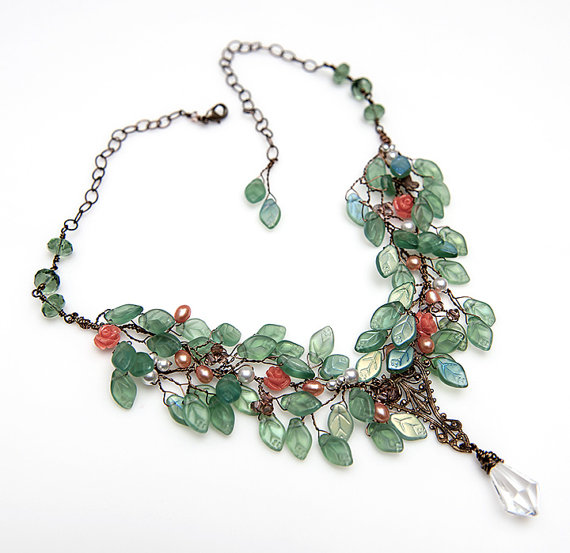 زفاف - Light Slate Green and Peach Statement Necklace, Beaded Bib Necklace, Orange Green Vintage Style Bridal Necklace, Elvin Nature Jewelry