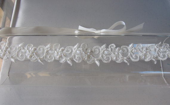 Свадьба - White Pearl Beaded Floral Lace Halo Headband with Ivory Satin Ribbon Tie, for Bridal, weddings, special occasions