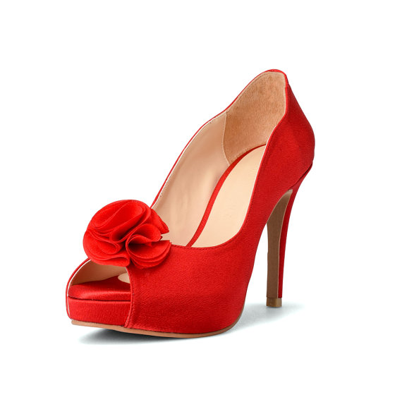 Red Floral Adorned Wedding Shoes, Red Bridal Heels, Red Flower ...