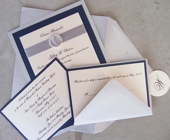 Wedding - Elegant wedding invitation, rhinestone wedding invitation, navy, ivory, silver wedding invitation, metallic wedding invitation