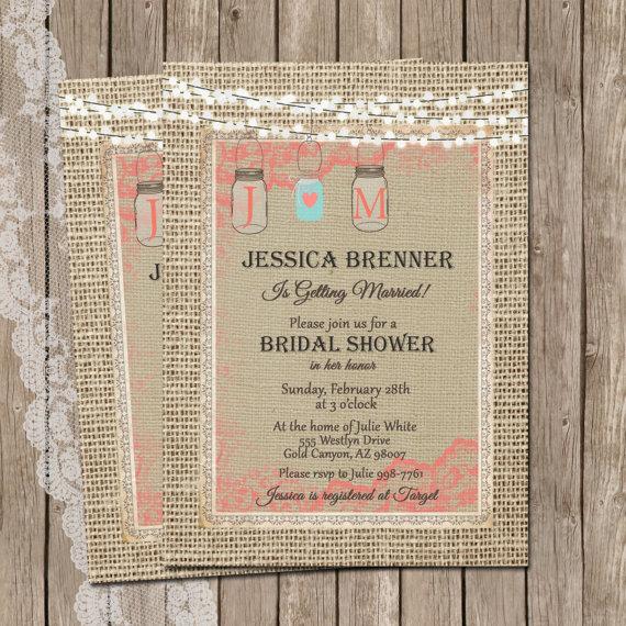 Wedding - Rustic Burlap Bridal Shower Invitation, Mason Jar, Lights, Digital File, Printable, 5x7