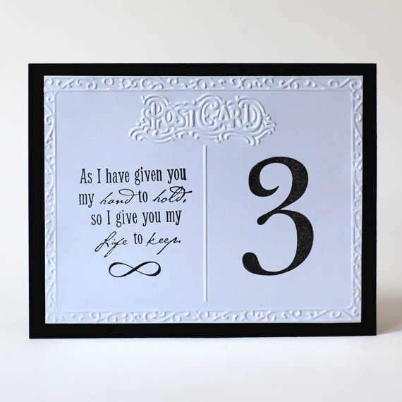 Hochzeit - Embossed & Hand Stamped Post Card Wedding Table Numbers