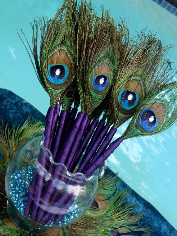 زفاف - 50 Peacock Feather Pen Favors With BLING In Your Choice Of Colors