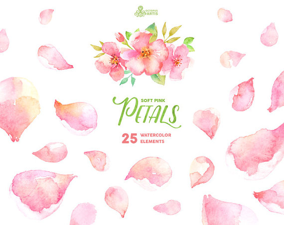زفاف - Soft Pink Petals 25 watercolor elements, bouquet, flowers. Handpainted, wedding invitation, separate floral elements, diy clipart, blossom