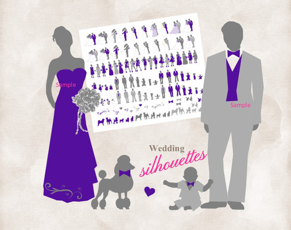 Mariage - Silhouette wedding bridal party 108 Silhouettes clipart INSTANT DOWNLOAD purple and grey for DIY invitations and programs