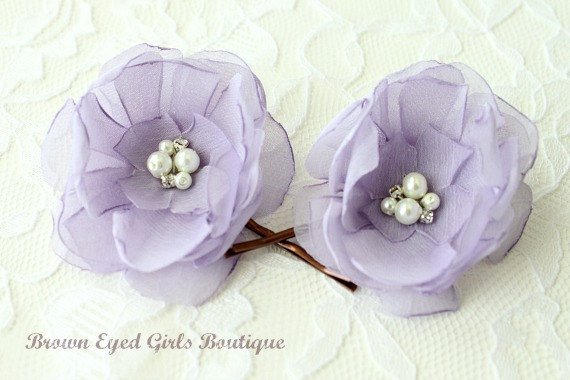 زفاف - Lavender Bridal Flower Hair Clip Duo, Lilac Wedding Hair Accessory, Lavender Bobby Pin, Lilac Bridal Head Piece
