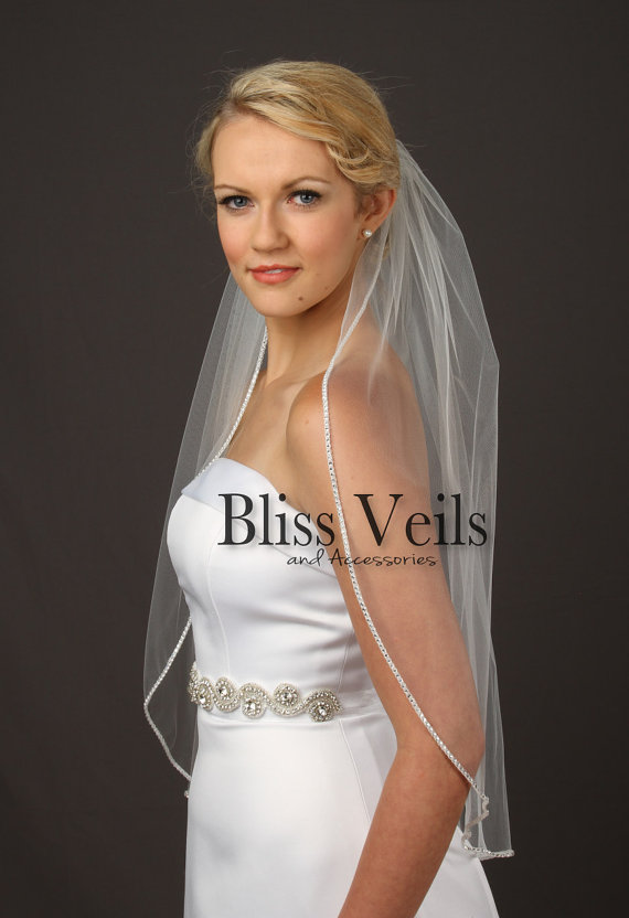 Wedding - Rhinestone Edge Wedding Veil, Waist Length Bridal Veil, One Layer Veil