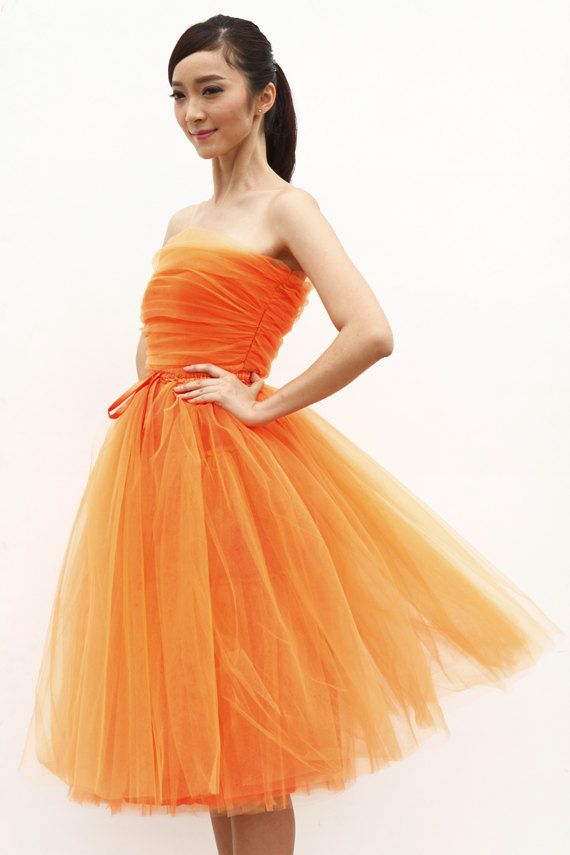 Wedding - Tulle Skirt Tea Length Tutu Skirt Elastic Waist Tulle Tutu Princess Skirt Wedding Skirt In Orange - NC508