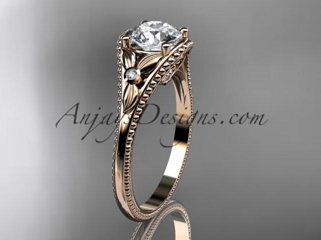 Wedding - 14k rose gold leaf and flower diamond unique engagement ring with a "Forever Brilliant" Moissanite center stone ADLR377