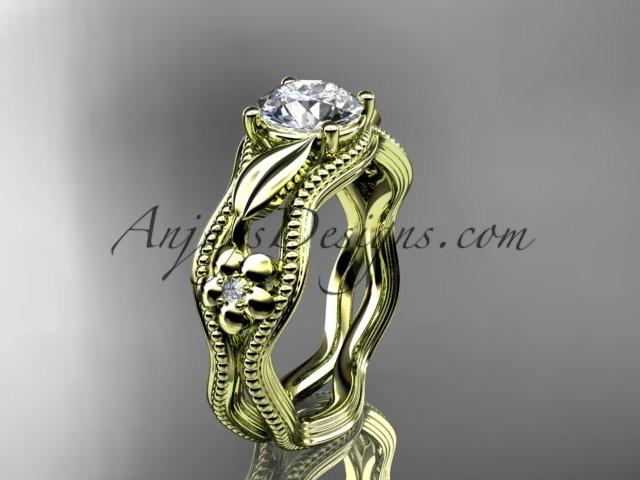 زفاف - 14k yellow gold leaf and flower diamond unique engagement ring with a "Forever Brilliant" Moissanite center stone ADLR382